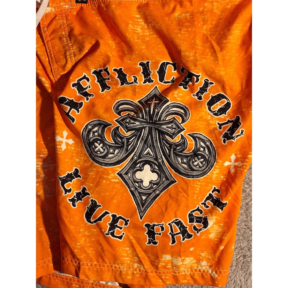 Affliction Mens Orange Board Shorts Swim Trunks Size 34 Distressed Gothic Cross - Picture 10 of 11